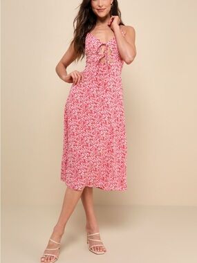 NWT Lulus Intricate Sweetness Red Floral Tie Front Sleeveless Midi Dress Size L